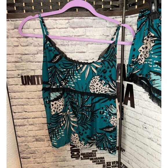 Secret Treasures L Teal Jungle Floral Mesh Trim Cami Lounge Shortie Set - Picture 3 of 4